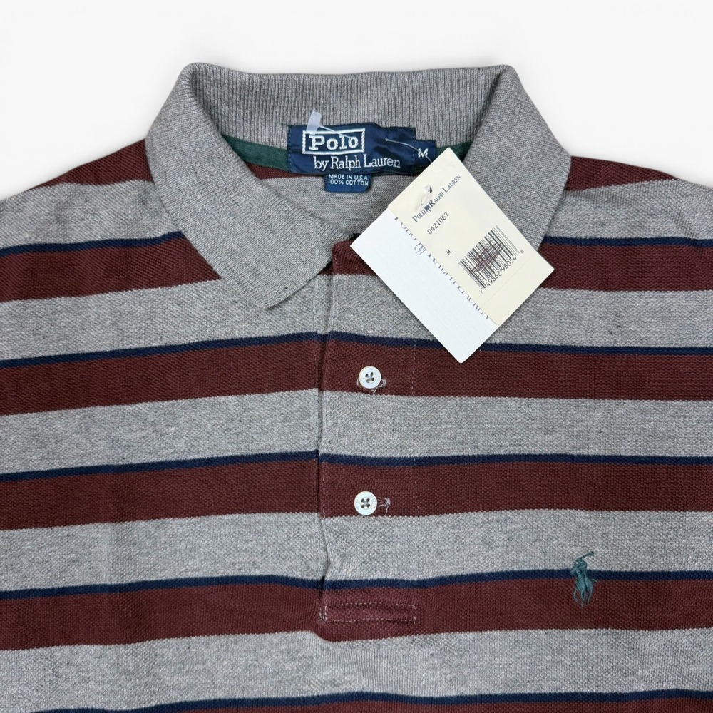 Vintage Polo Ralph Lauren Made in USA Striped Pique Polo Shirt Grey Burgundy M